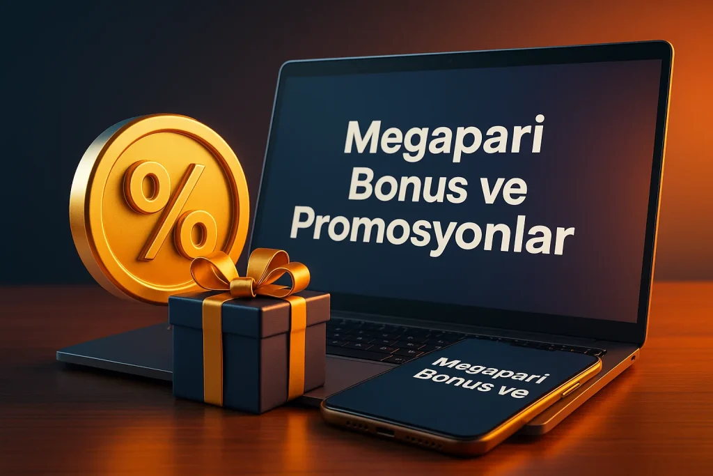 Altın yüzde simgesi, hediye kutusu ve laptopla bonus görseli