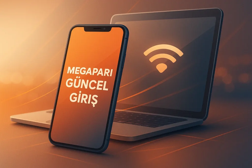Turuncu arka planda telefon ve dizüstü bilgisayarla güncel giriş görseli