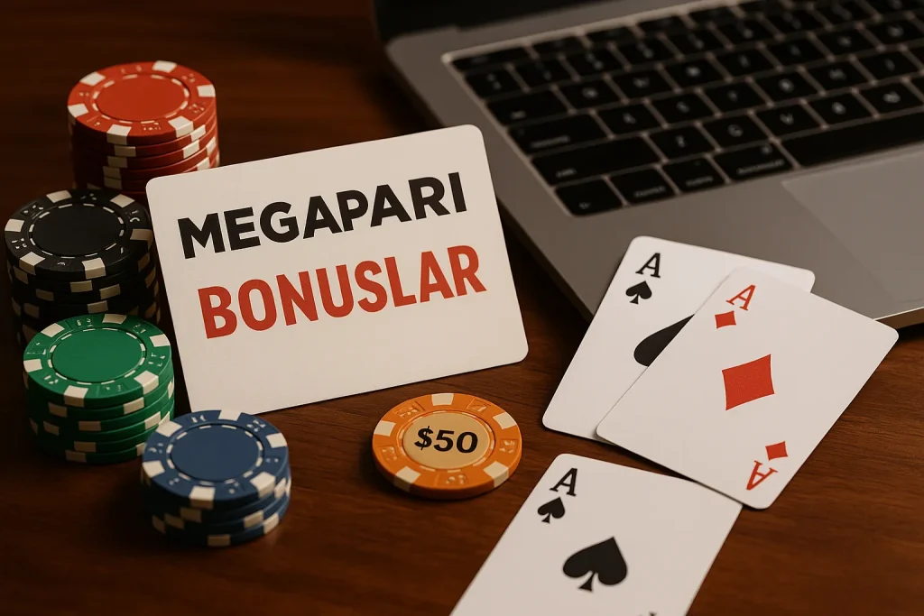 Megapari Bonuslar için fişler, kartlar ve laptop yanında gerçekçi casino sahnesi