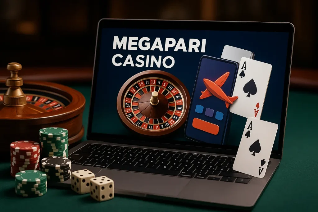 Megapari Casino’da dizüstü bilgisayar ekranında rulet, kartlar ve fişlerle gerçekçi casino sahnesi
