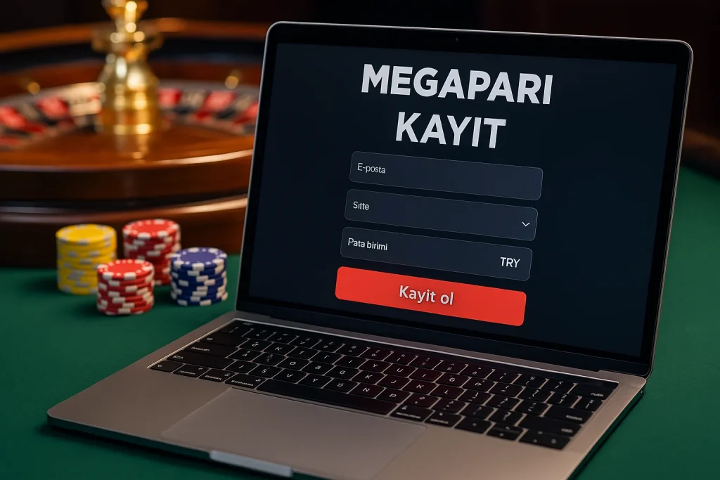 Megapari kayıt ol sayfasının açık olduğu dizüstü bilgisayar ve yanında rulet ile casino fişleri